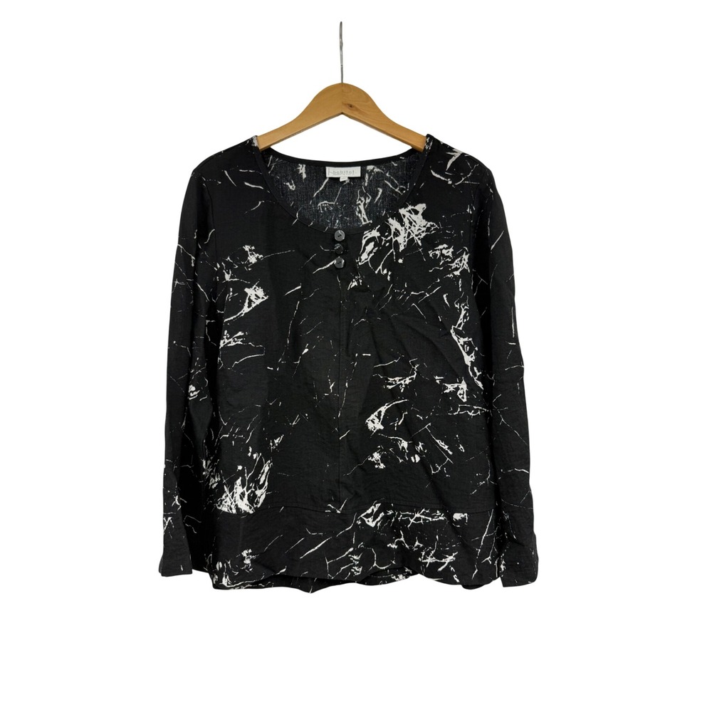 Habitat Clothes to Live In Black White Marble Print Button Top Lagenlook Women L